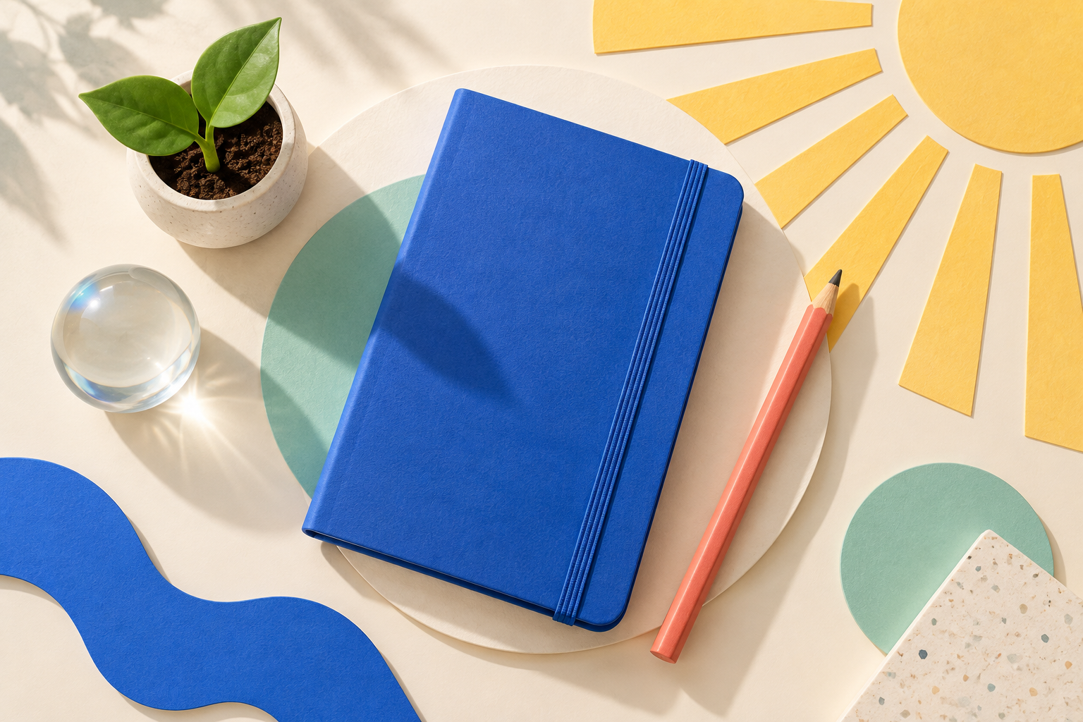 A blue notebook, coral pencil, small green plant, and paper sunburst viewed from above.