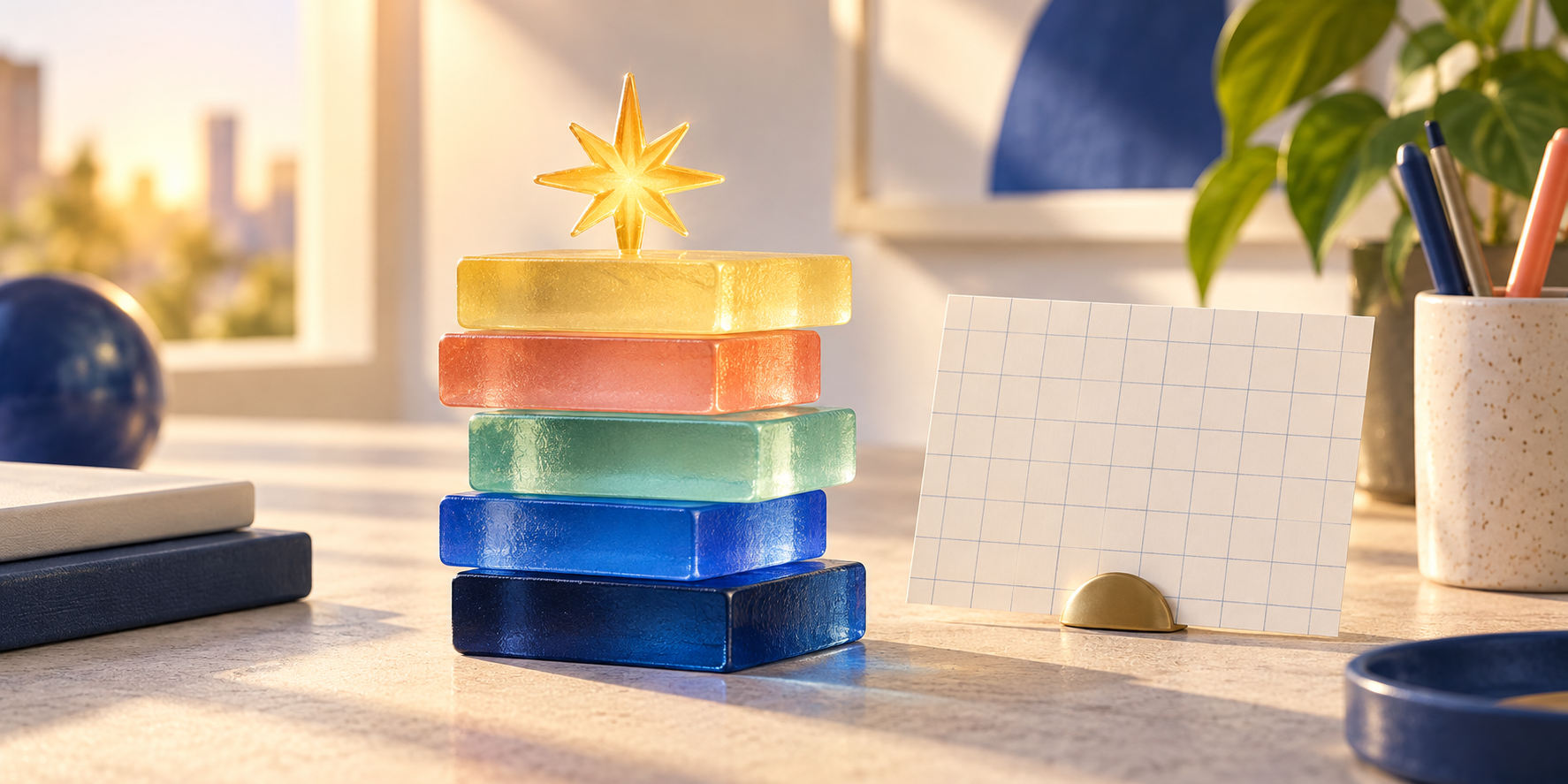A colorful stack of glass blocks topped with a bright star on a sunny work desk.